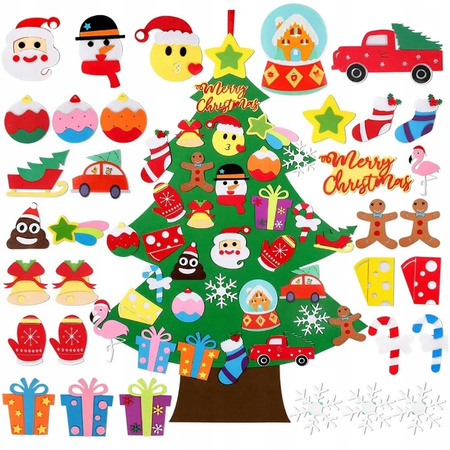 CHOINKA FILCOWA NA RZEPY Z OZDOBAMI DLA DZIECI 40x + ŚWIATEŁKA 50LED 105CM