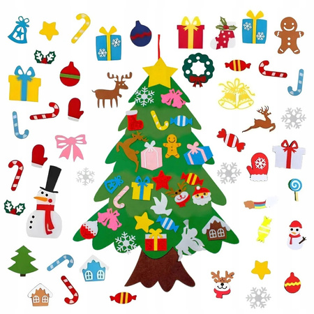 CHOINKA FILCOWA NA RZEPY Z OZDOBAMI DLA DZIECI 40x + ŚWIATEŁKA 50LED 105CM