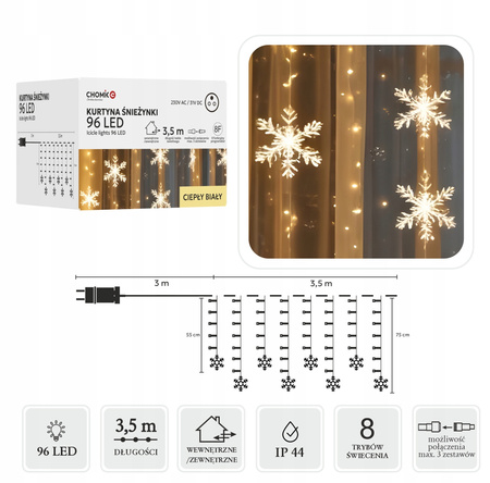 KURTYNA ŚWIETLNA LAMPKI ŚNIEŻYNKI 96 LED BIAŁY CIEPŁY GIRLANDA OKIENNA 3,5m