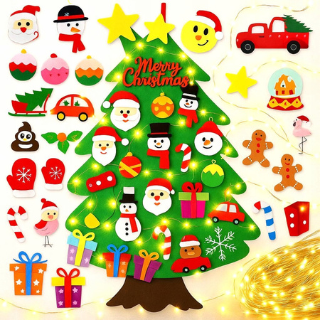 CHOINKA FILCOWA NA RZEPY Z OZDOBAMI DLA DZIECI 40x + ŚWIATEŁKA 50LED 105CM