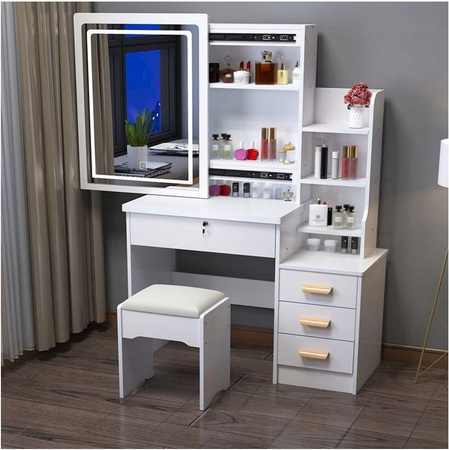 TOALETKA DO MAKIJAŻU LED Z LUSTREM NA PREZENT KOBIETY KOSMETYCZKA + TABORET
