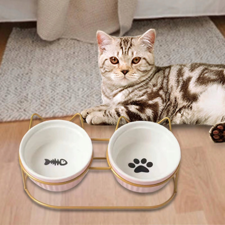 MISECZKI CERAMICZNE NA STOJAKU DLA PSA KOTA 2x 300ML PODWÓJNA DEKORACYJNE