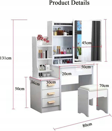 TOALETKA DO MAKIJAŻU LED Z LUSTREM NA PREZENT KOBIETY KOSMETYCZKA + TABORET