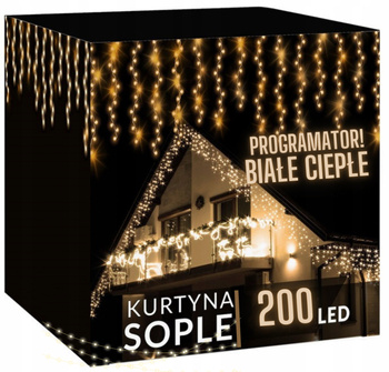 SOPLE KURTYNA ZEWNĘTRZNE CIEPŁE 200 LED 9M 8 TRYBÓW HERMETYCZNE